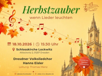 Plakat für unser Herbstkonzert in der Schlosskirche Lockwitz miz Herbstblättern, Musiknoten und einer Kirchensilhouette. Alles in warmen orange und gelb Tönen.